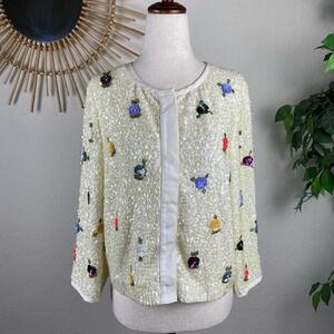 Anthropologie Elevenses S Cardigan RARE Sequin 3D Floral Cottagecore Boho